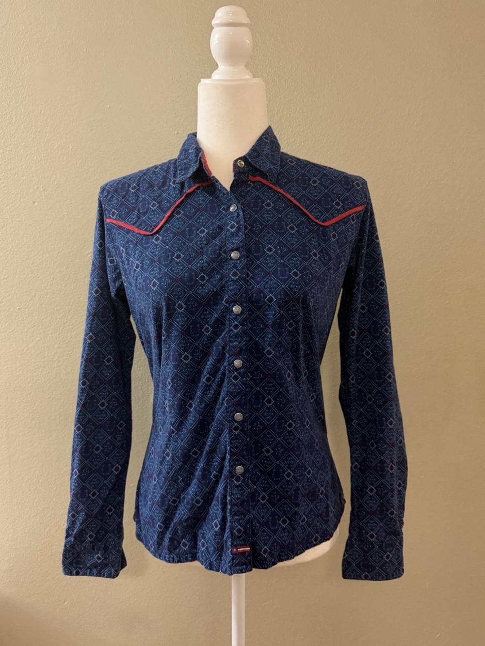 Wrangler Blues 90s Vintage Western Pearl Snap Shirt Women’s Sm Horseshoe Print